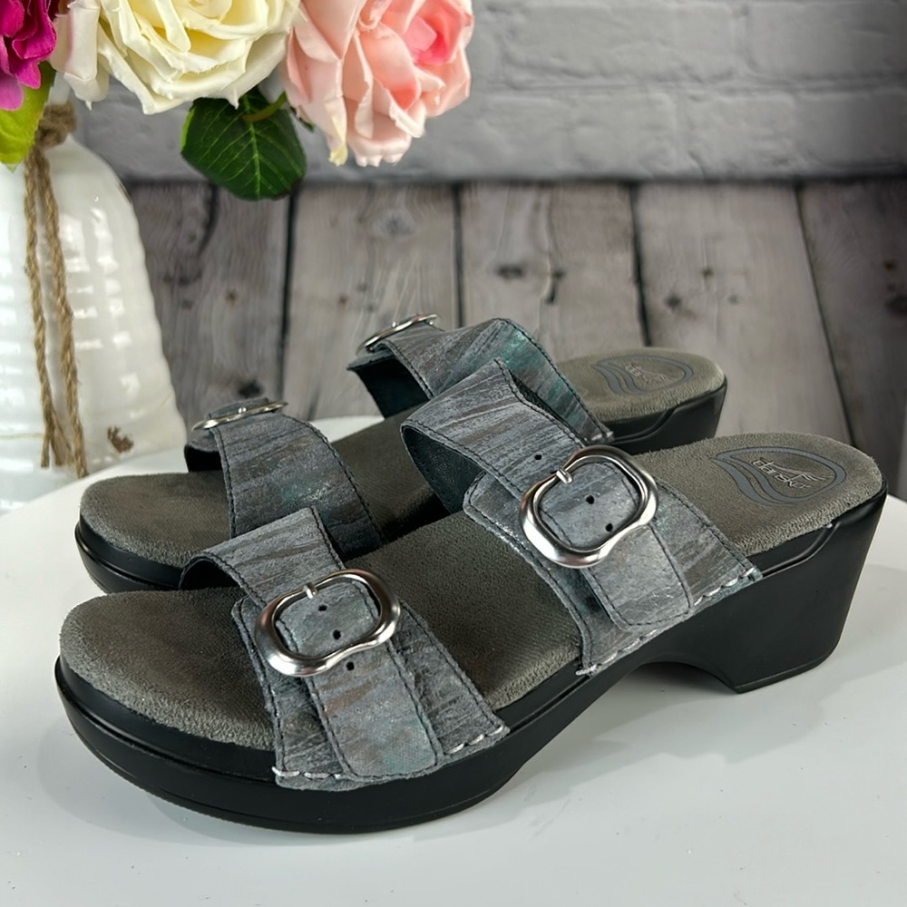 DANSKO SOPHIE Iridescent Leather Clogs Slip On Adjustable Buckle Sandals